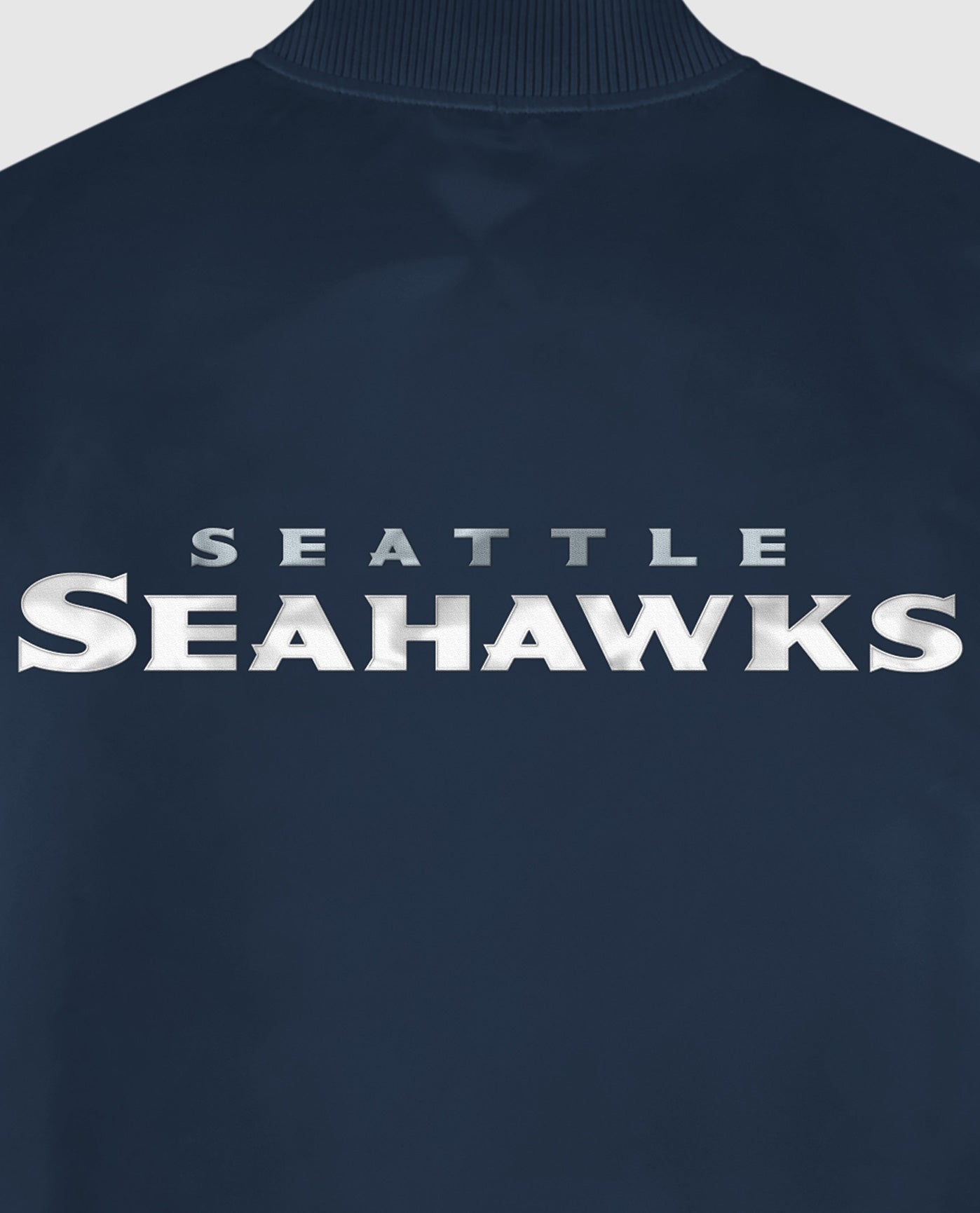 Detail View of Starter Navy Seattle Seahawks Satin Full-Snap Starter Jacket | STR SEATTLE SEAHAWKS NAVY