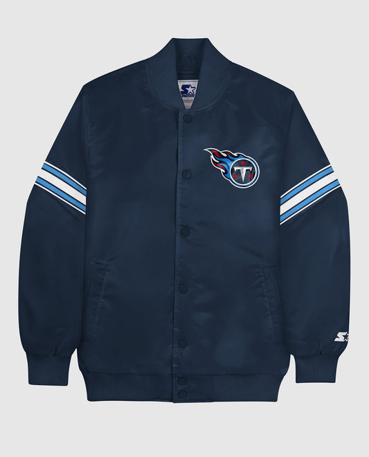 Front View of Starter Navy Tennessee Titans Satin Full-Snap Starter Jacket | STR TENNESSEE TITANS NAVY