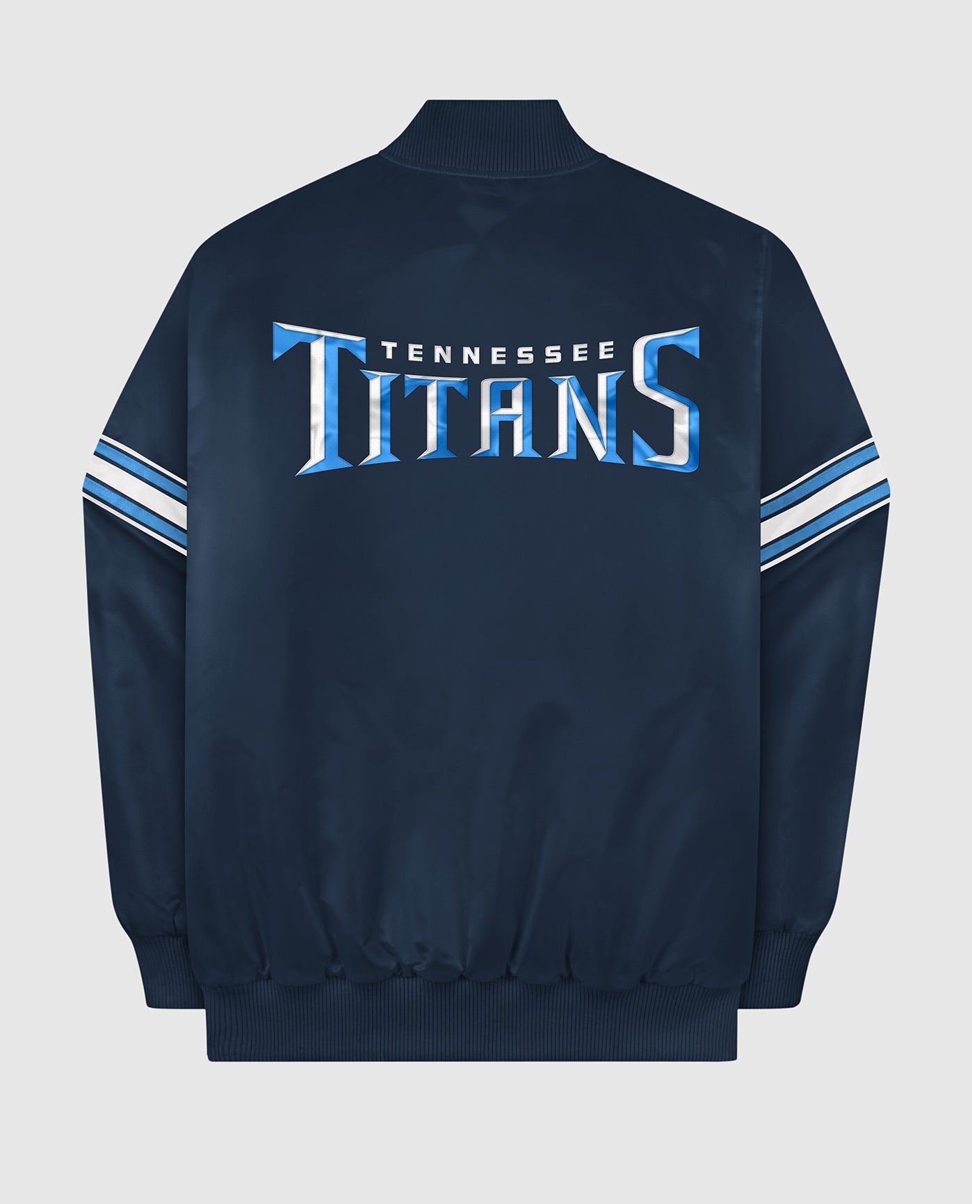 Back View of Starter Navy Tennessee Titans Satin Full-Snap Starter Jacket | STR TENNESSEE TITANS NAVY