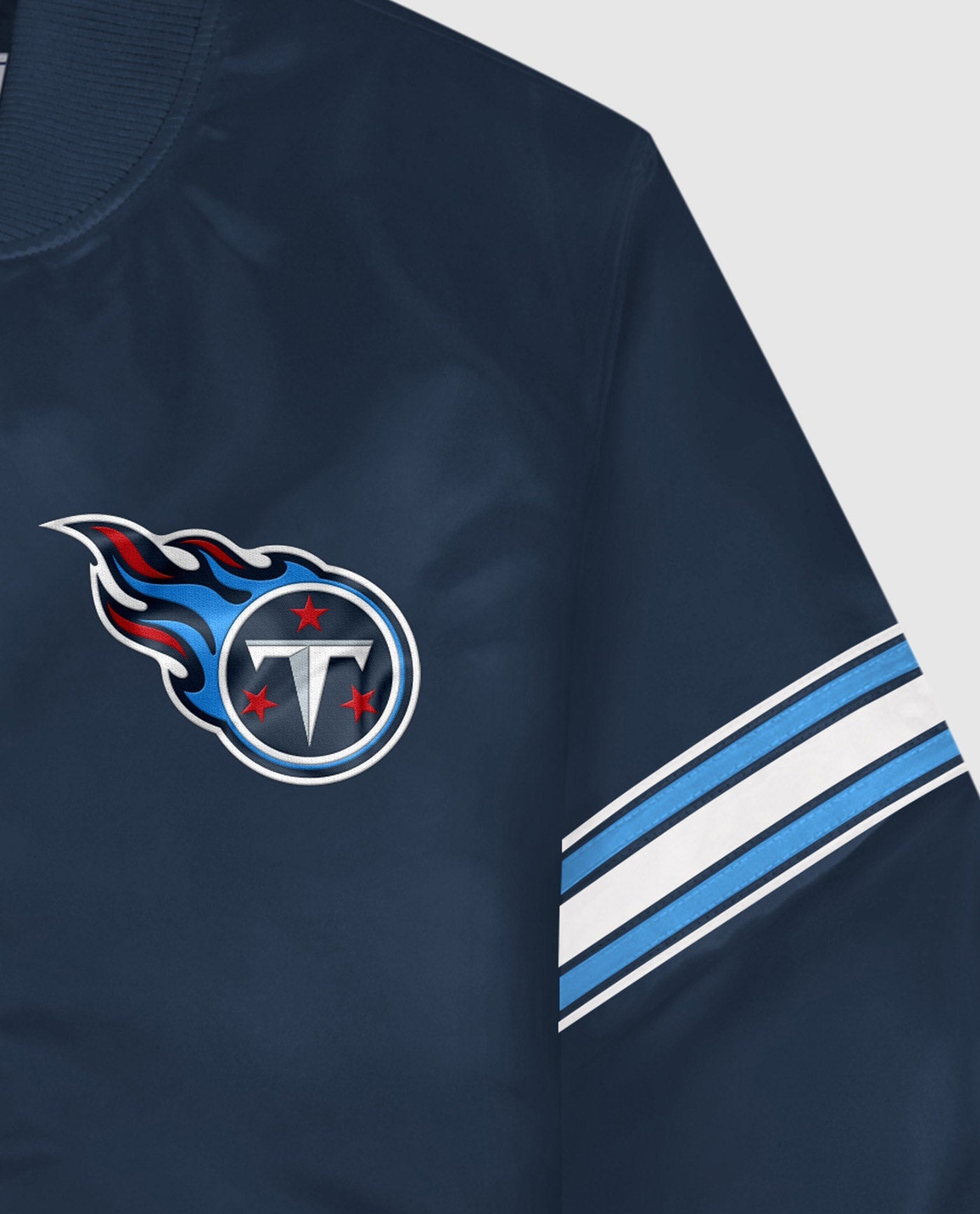 Side View of Starter Navy Tennessee Titans Satin Full-Snap Starter Jacket | STR TENNESSEE TITANS NAVY