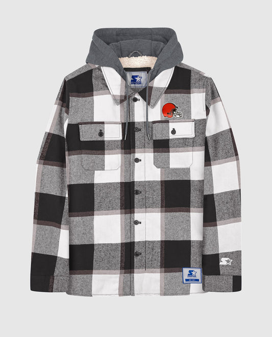 Front View of Starter Black Cleveland Browns Sherpa Lined Plaid Starter Jacket | STR CLEVELAND BROWNS BLACK