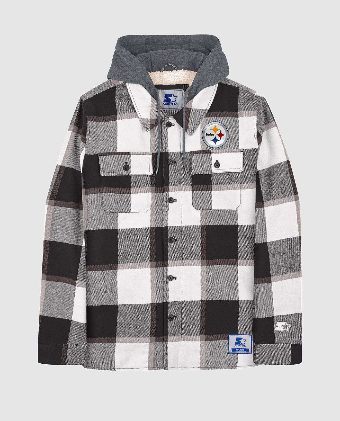 Front View of Starter Black Pittsburgh Steelers Sherpa Lined Plaid Starter Jacket | STR PITTSBURGH STEELERS BLACK