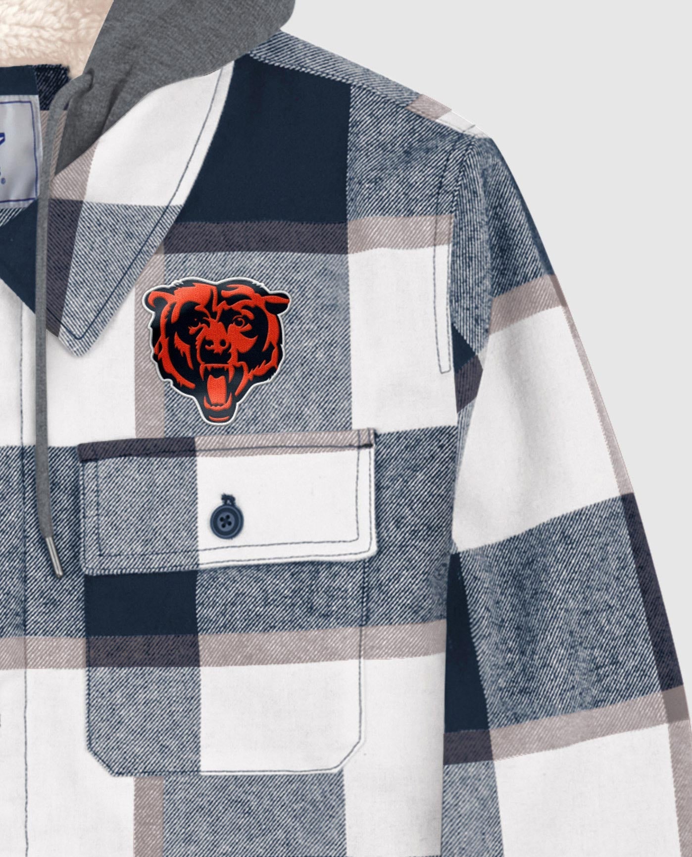 Side View of Starter Navy Chicago Bears Sherpa Lined Plaid Starter Jacket | STR CHICAGO BEARS NAVY