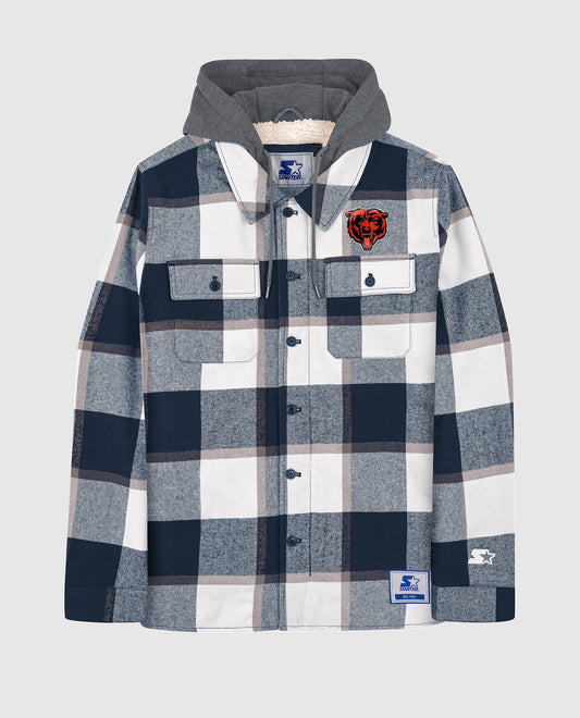 Front View of Starter Navy Chicago Bears Sherpa Lined Plaid Starter Jacket | STR CHICAGO BEARS NAVY