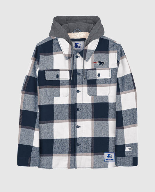 Front View of Starter Navy New England Patriots Sherpa Lined Plaid Starter Jacket | STR NEW ENGLAND PATRIOTS NAVY