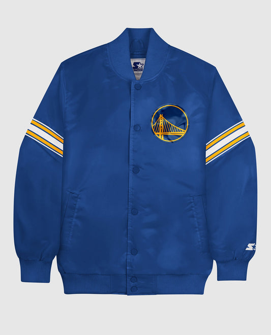 Front View of Starter Blue Golden State Warriors Satin Full-Snap Starter Jacket | STR GOLDEN STATE WARRIORS BLUE