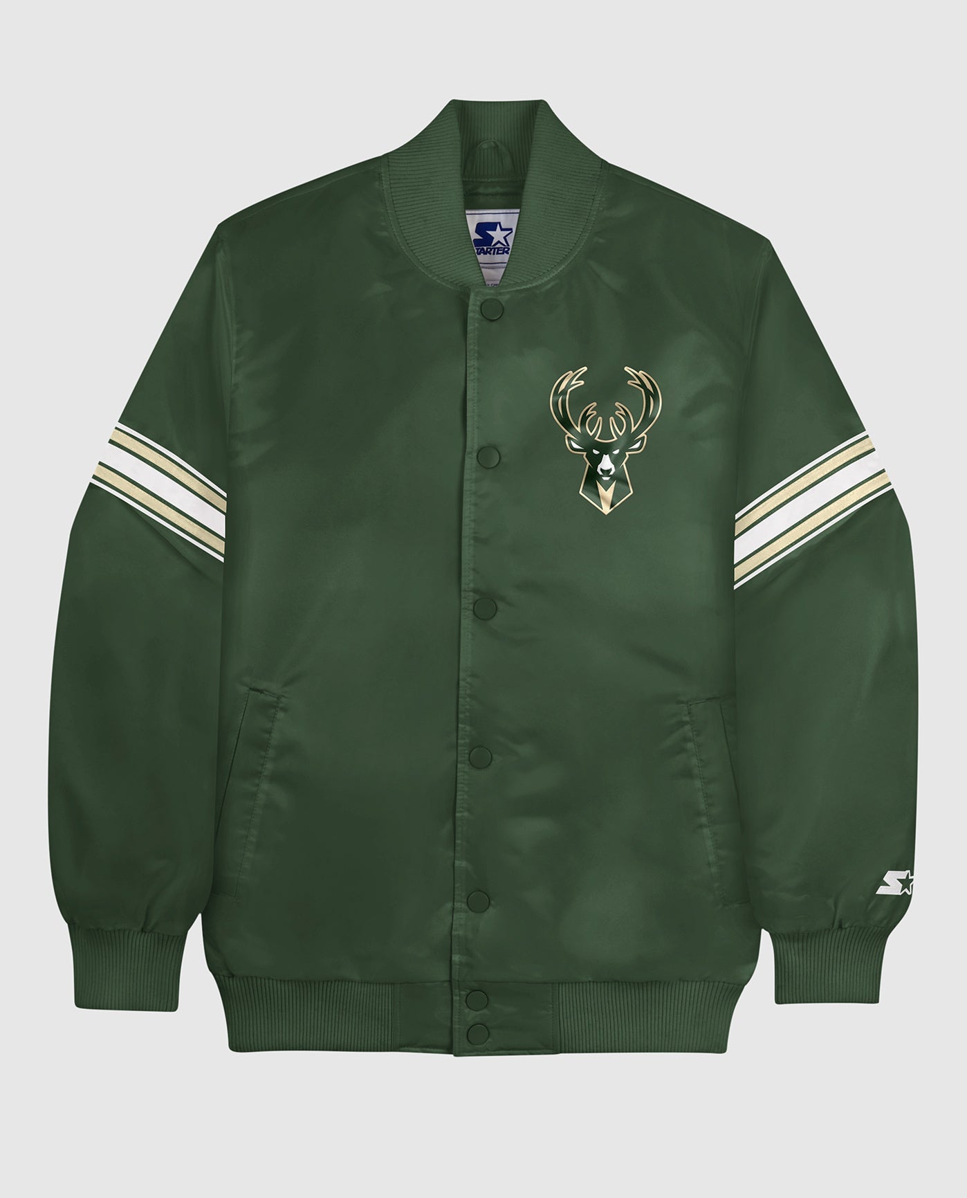 Front View of Starter Green Milwaukee Bucks Satin Full-Snap Starter Jacket | STR MILWAUKEE BUCKS GREEN