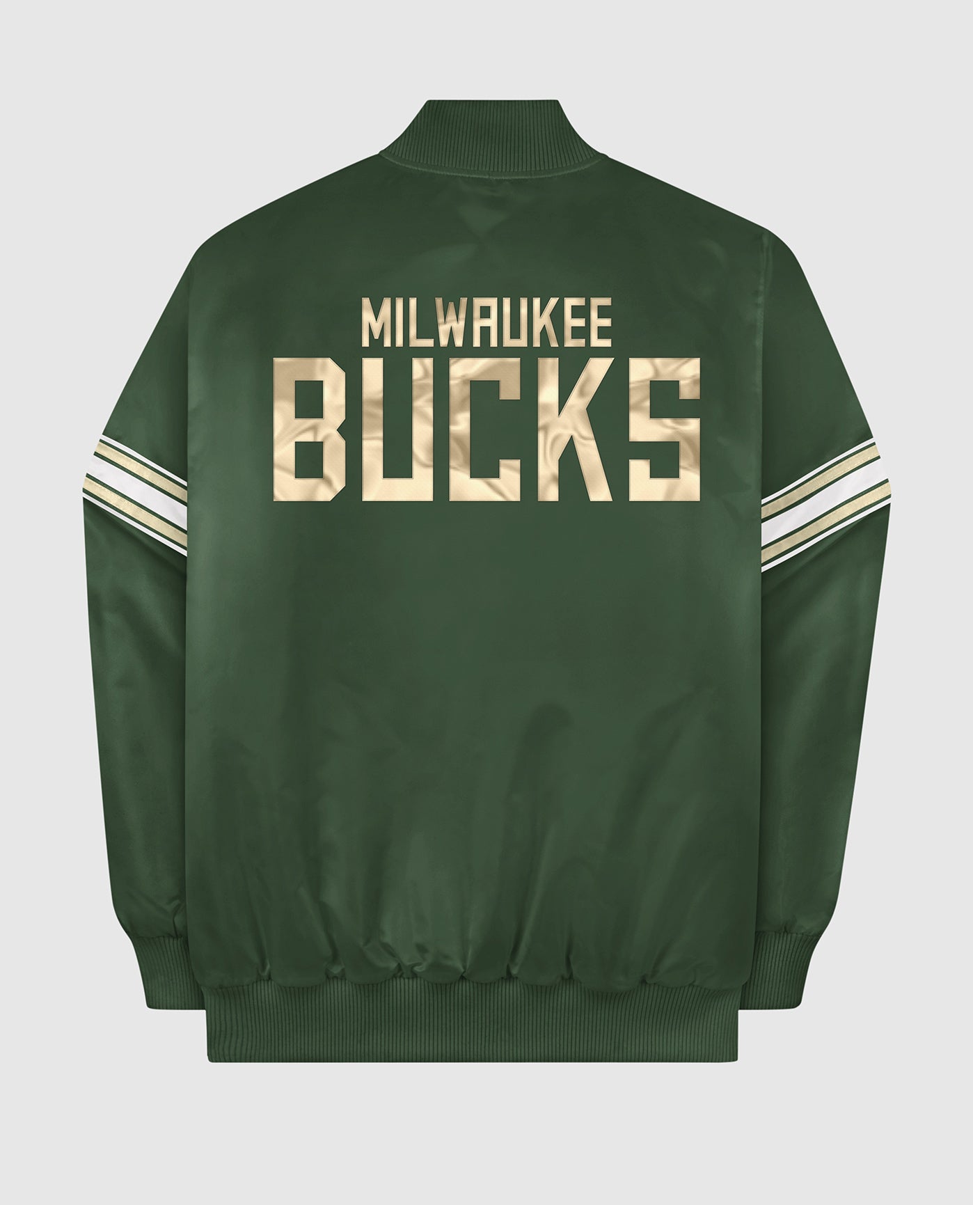 Back View of Starter Green Milwaukee Bucks Satin Full-Snap Starter Jacket | STR MILWAUKEE BUCKS GREEN