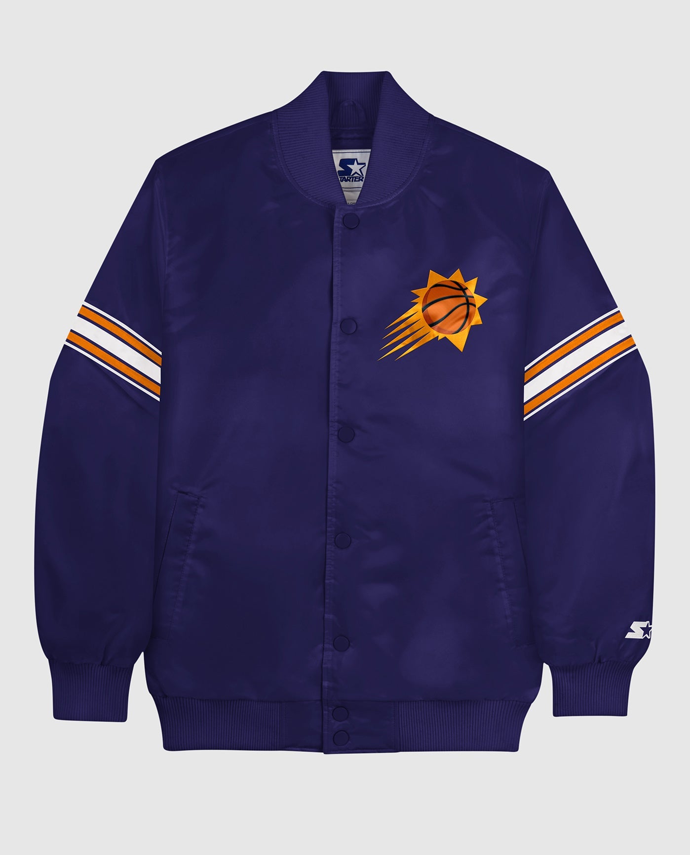 Front View of Starter Purple Phoenix Suns Satin Full-Snap Starter Jacket | STR PHOENIX SUNS PURPLE