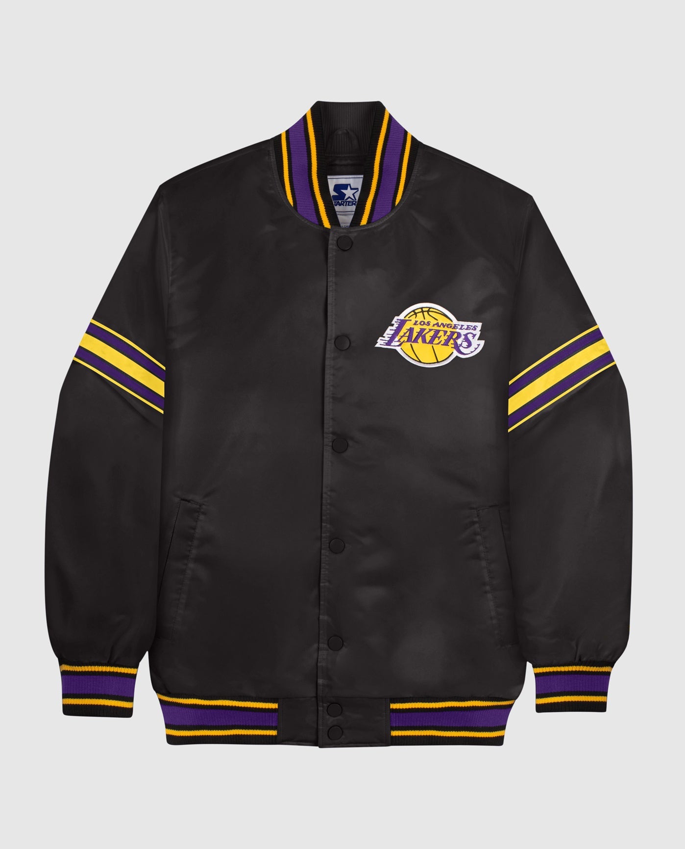 Front View of Starter Purple Los Angeles Lakers Satin Full-Snap Starter Jacket | STR LOS ANGELES LAKERS PURPLE