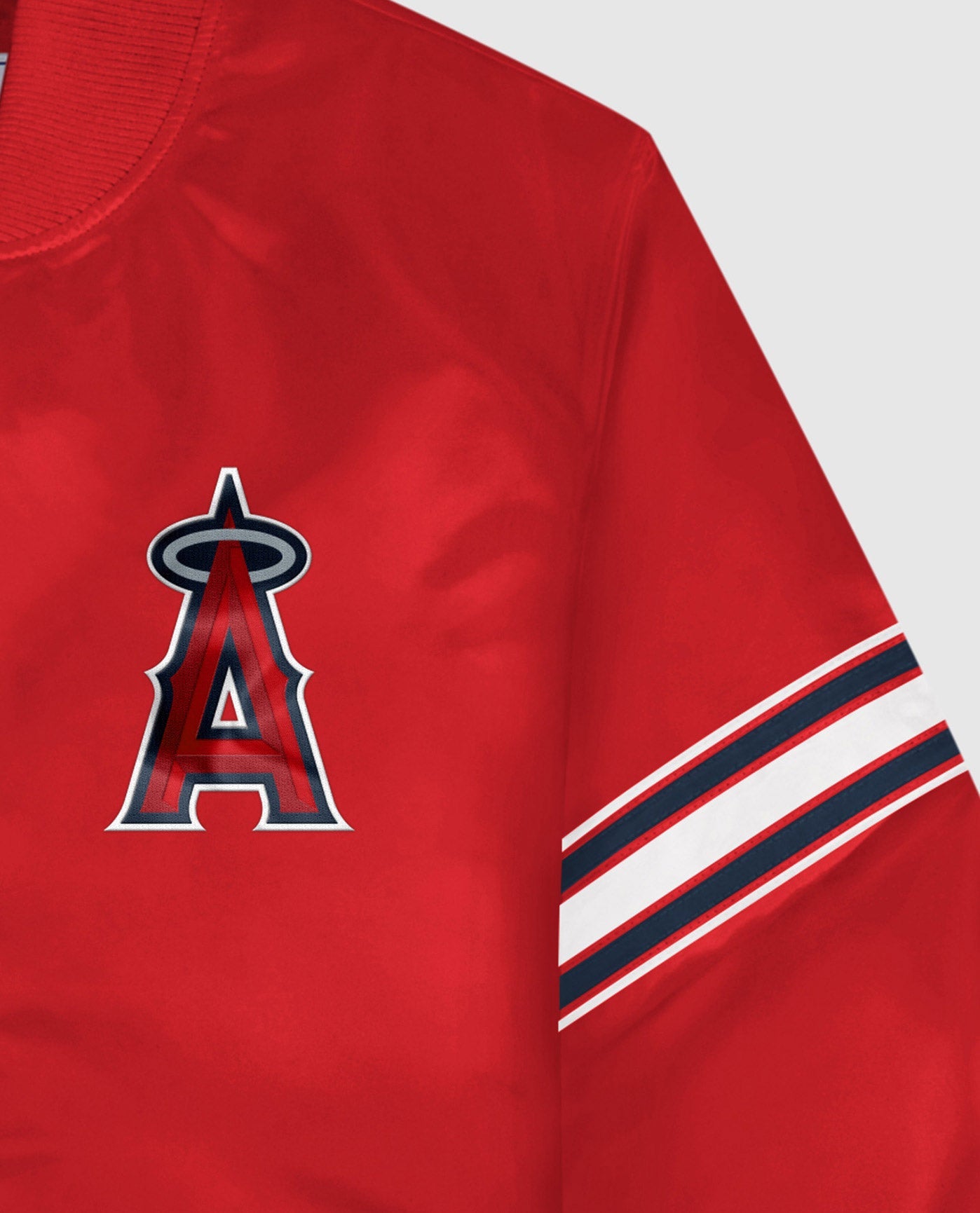 Side View of Starter Red Los Angeles Angels Satin Full-Snap Starter Jacket | STR LOS ANGELES ANGELS RED