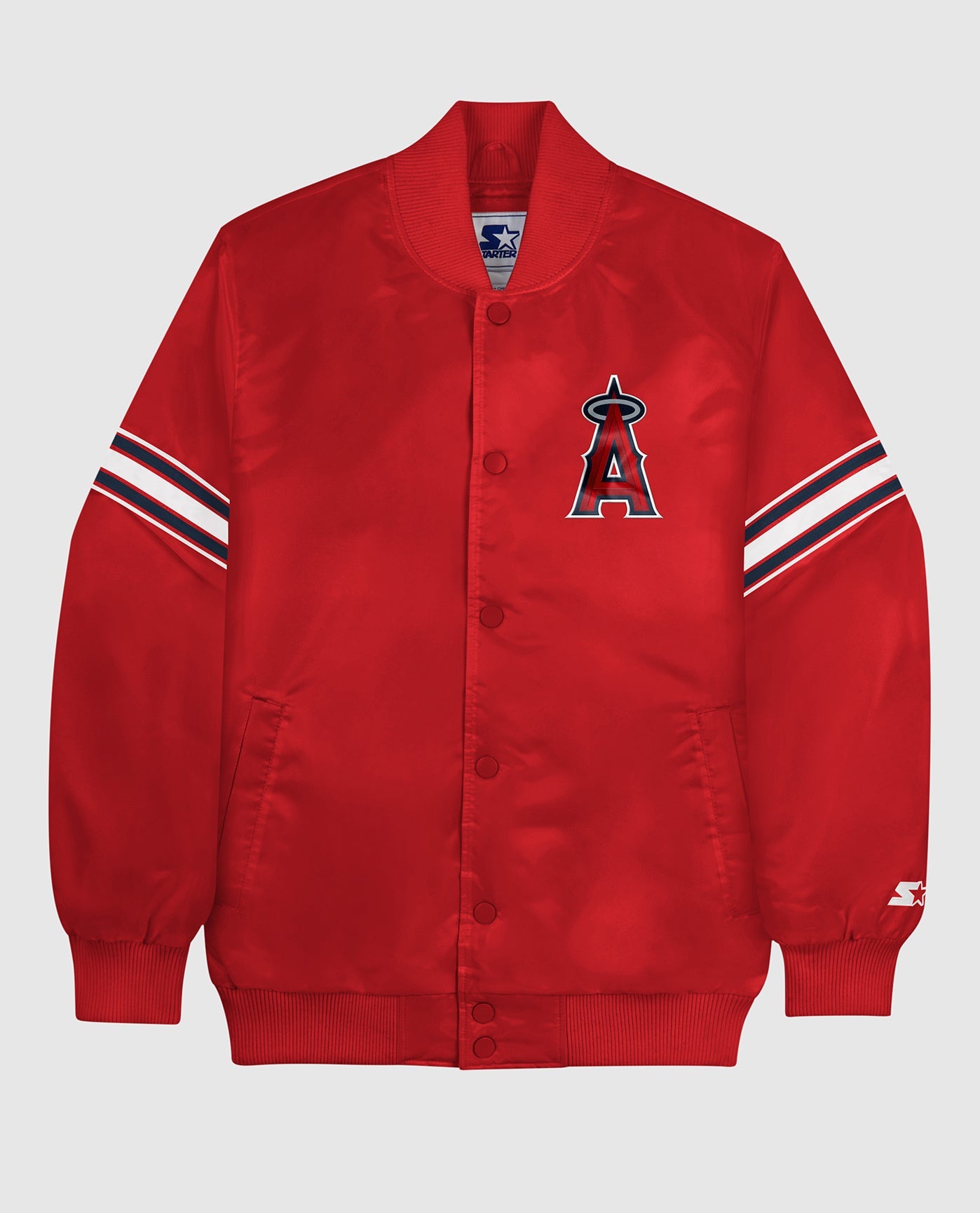 Front View of Starter Red Los Angeles Angels Satin Full-Snap Starter Jacket | STR LOS ANGELES ANGELS RED