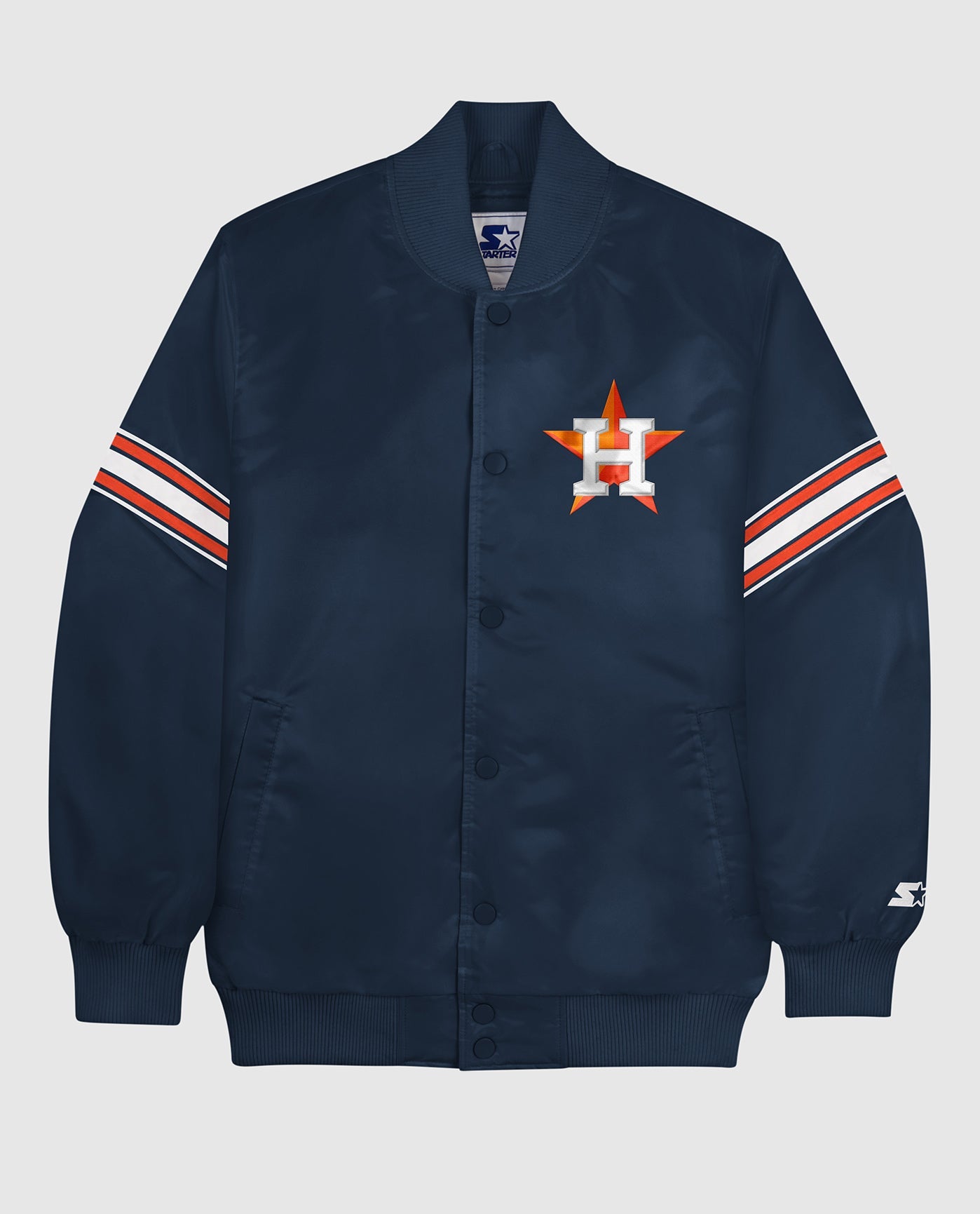 Front View of Starter Navy Houston Astros Satin Full-Snap Starter Jacket | STR HOUSTON ASTROS NAVY