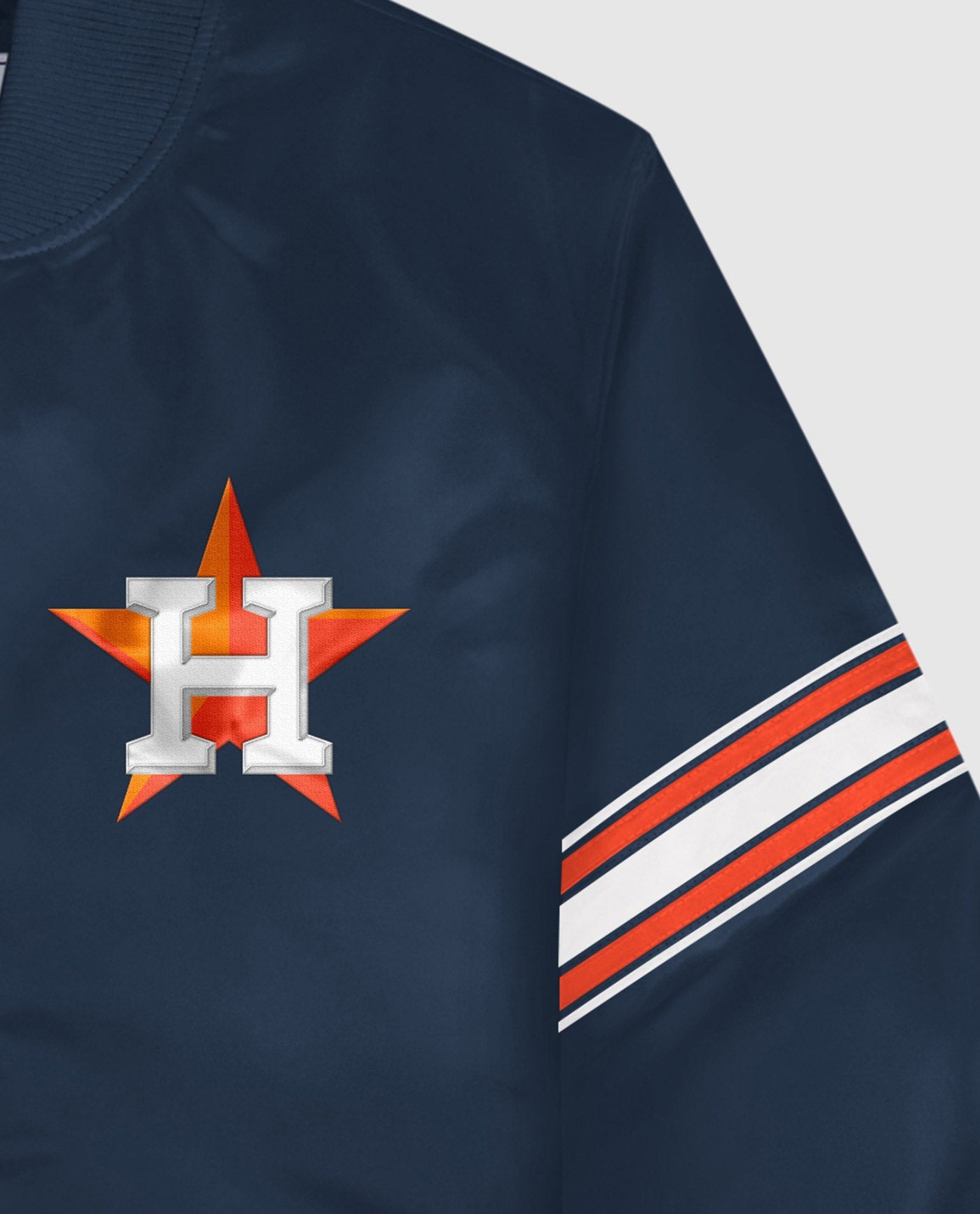 Side View of Starter Navy Houston Astros Satin Full-Snap Starter Jacket | STR HOUSTON ASTROS NAVY