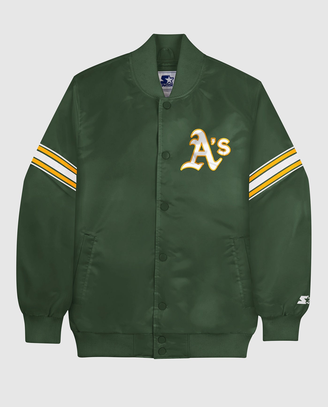 Front View of Starter Green Oakland Athletics Satin Full-Snap Starter Jacket | STR OAKLAND ATHLETICS GREEN
