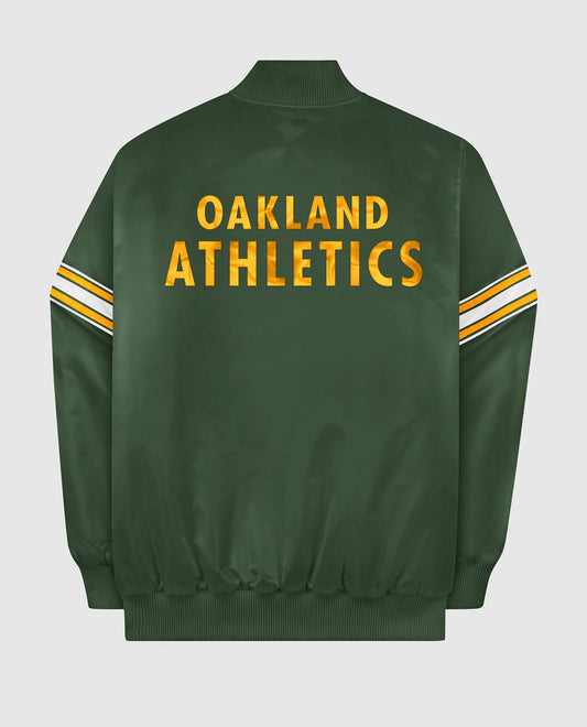 Back View of Starter Green Oakland Athletics Satin Full-Snap Starter Jacket | STR OAKLAND ATHLETICS GREEN