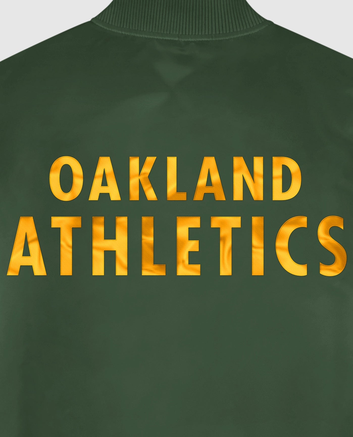 Detail View of Starter Green Oakland Athletics Satin Full-Snap Starter Jacket | STR OAKLAND ATHLETICS GREEN