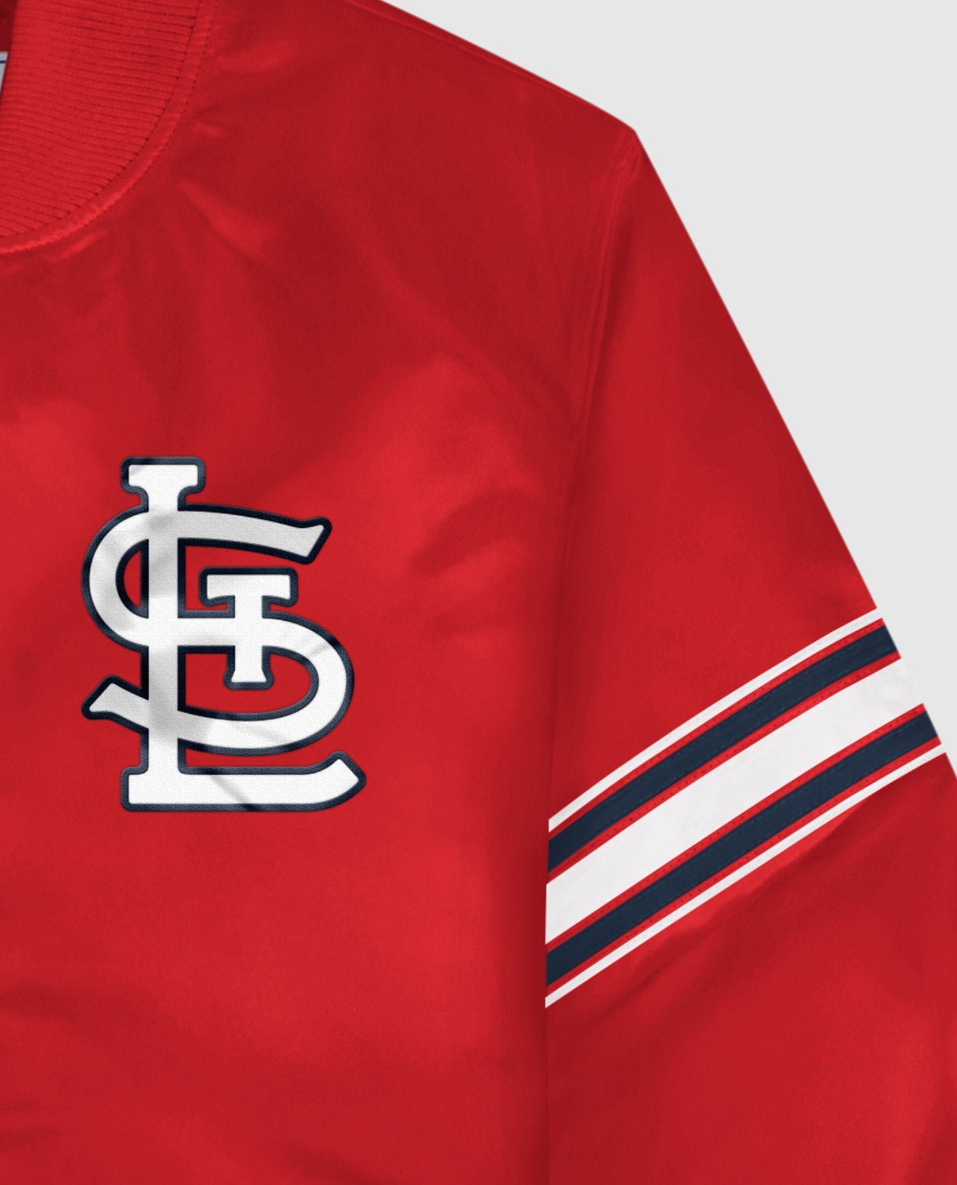 Side View of Starter Red St. Louis Cardinals Satin Full-Snap Starter Jacket | STR ST. LOUIS CARDINALS RED