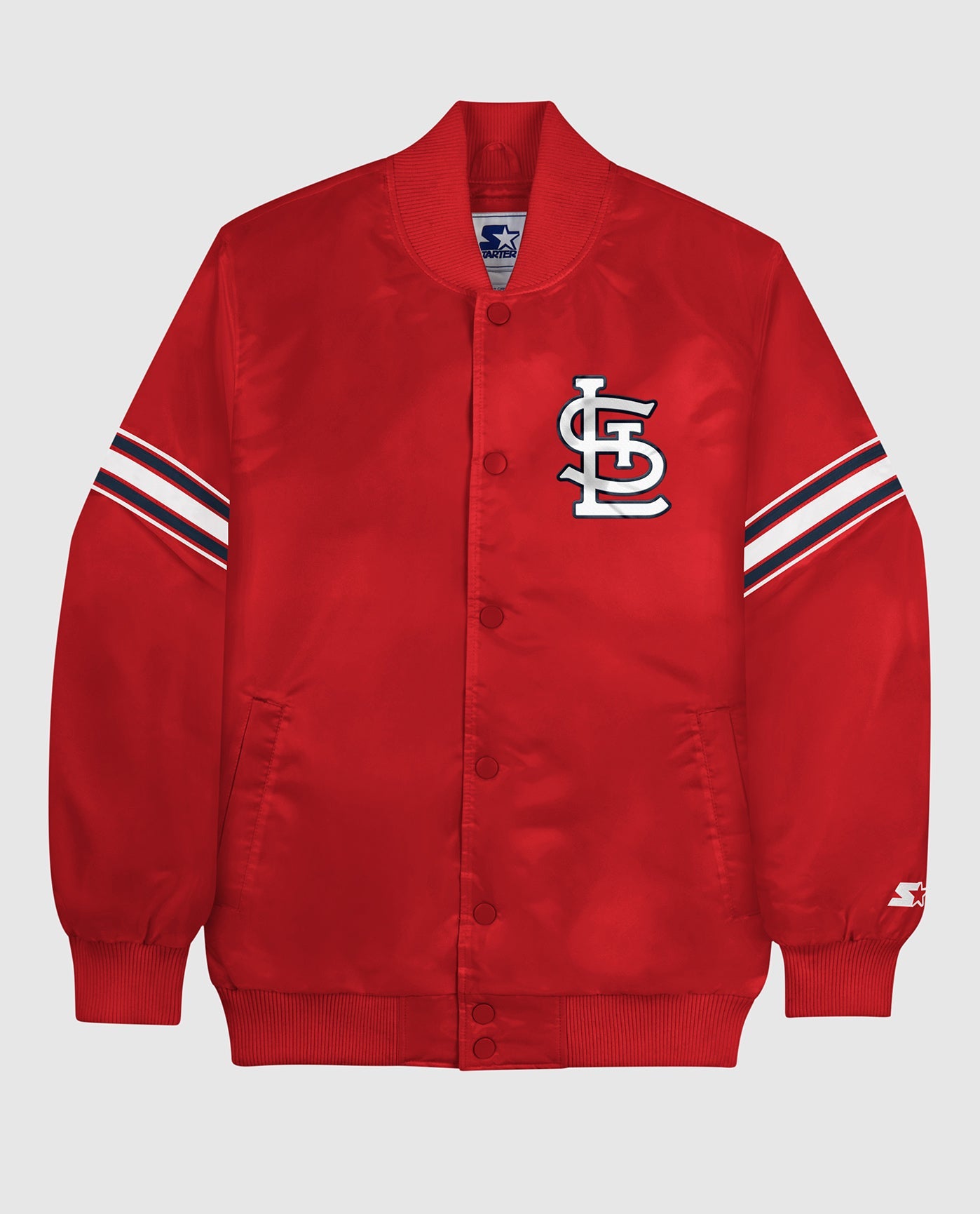 Front View of Starter Red St. Louis Cardinals Satin Full-Snap Starter Jacket | STR ST. LOUIS CARDINALS RED