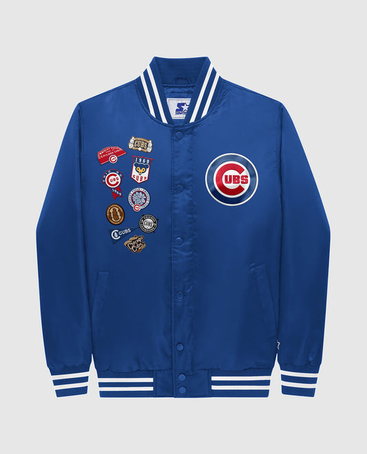 Front View of Starter Blue Chicago Cubs Varsity Satin Full-Snap Starter Jacket | STR CHICAGO CUBS BLUE