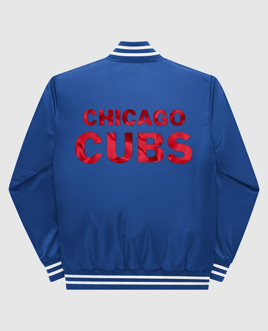 Back View of Starter Blue Chicago Cubs Varsity Satin Full-Snap Starter Jacket | STR CHICAGO CUBS BLUE