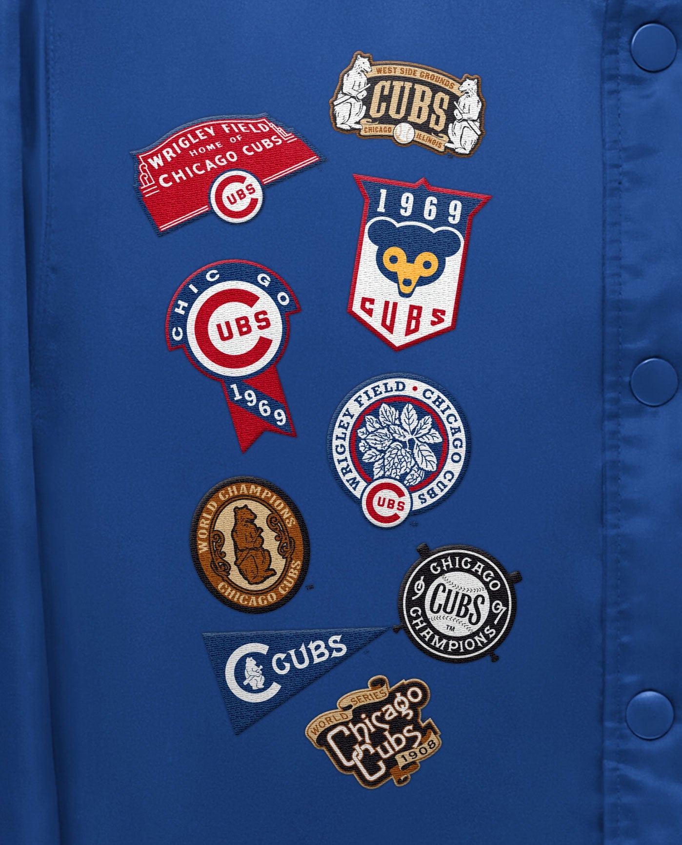 Side View of Starter Blue Chicago Cubs Varsity Satin Full-Snap Starter Jacket | STR CHICAGO CUBS BLUE