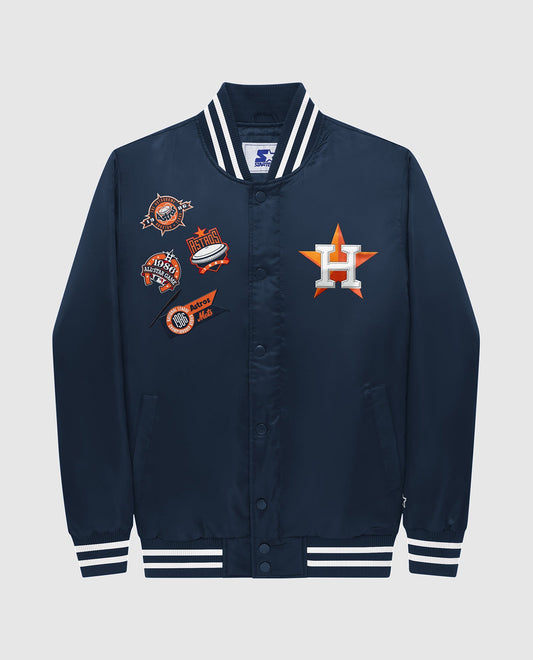 Front View of Starter Navy Houston Astros Varsity Satin Full-Snap Starter Jacket | STR HOUSTON ASTROS NAVY