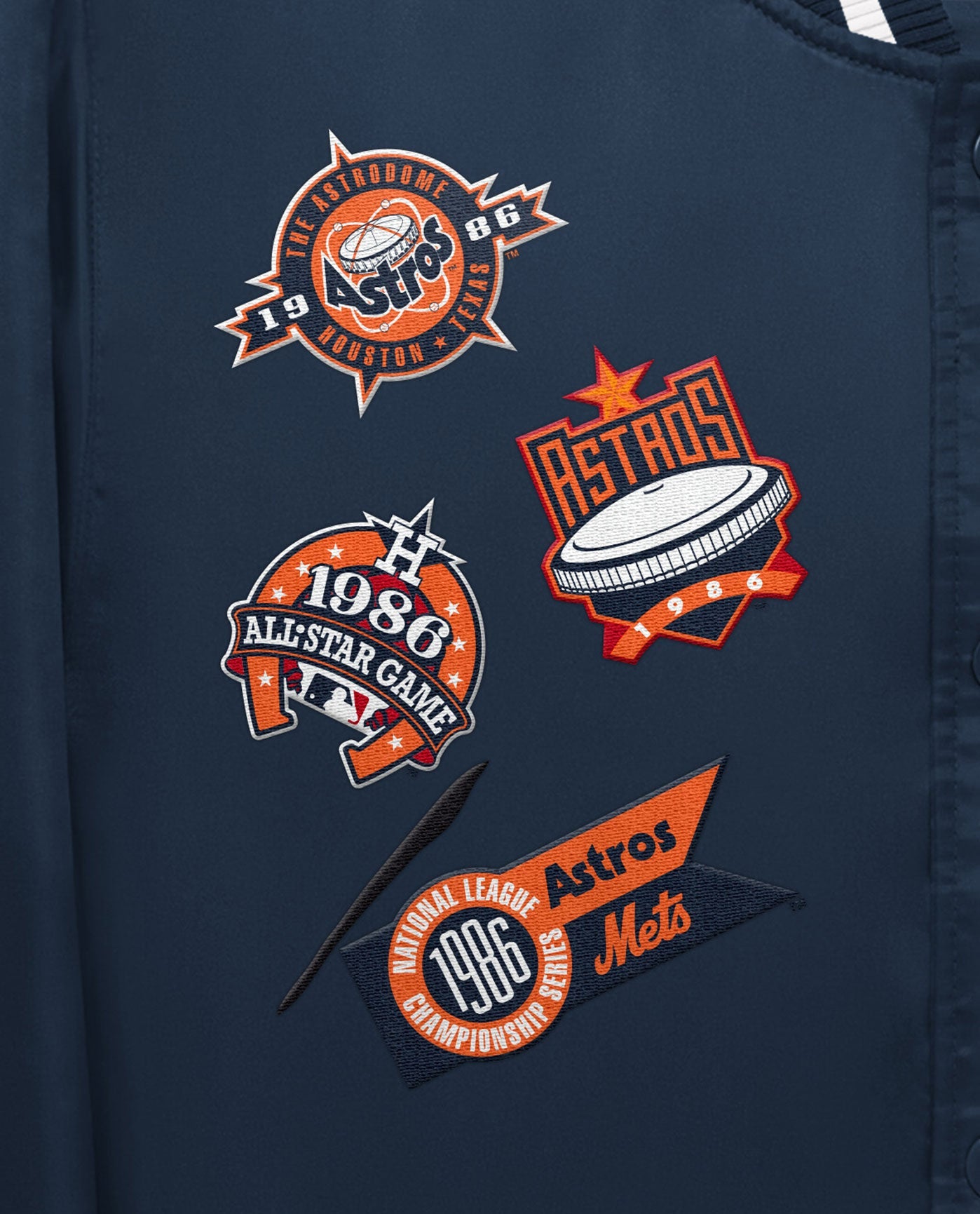 Side View of Starter Navy Houston Astros Varsity Satin Full-Snap Starter Jacket | STR HOUSTON ASTROS NAVY
