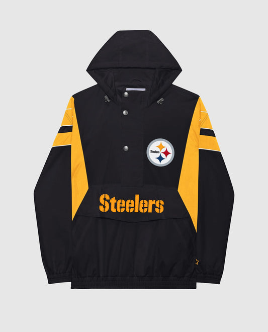 Front View of Starter Black Pittsburgh Steelers Home Team Half-Zip Starter Jacket | STR PITTSBURGH STEELERS BLACK 