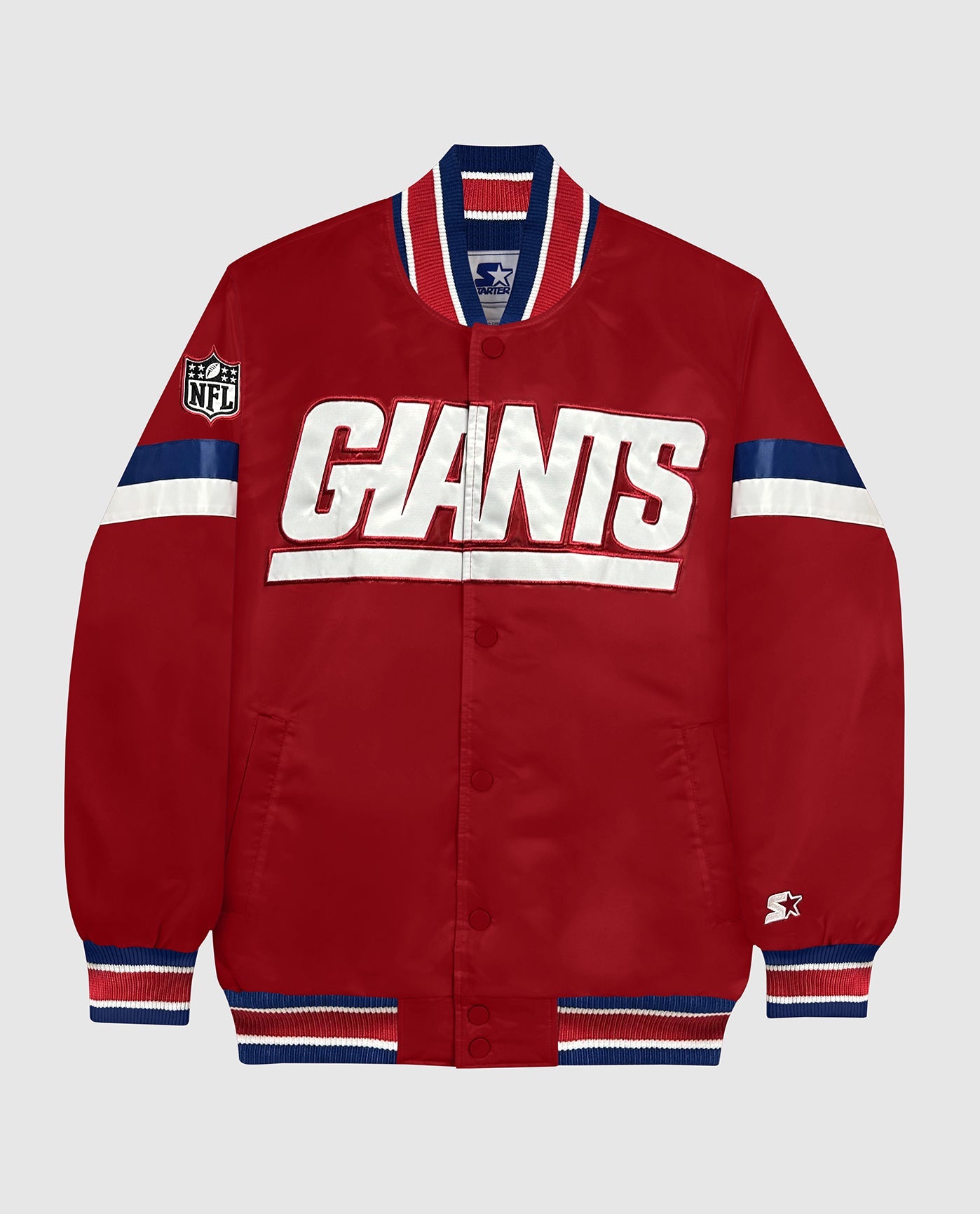 Front View of Starter Red New York Giants Home Game Starter Satin Full-Snap Jacket | STR NEW YORK GIANTS RED