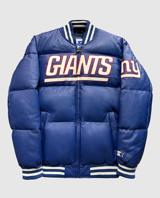 Front View of Starter Blue New York Giants Bronx Bubble Starter Leather Puffer Jacket | STR NEW YORK GIANTS BLUE