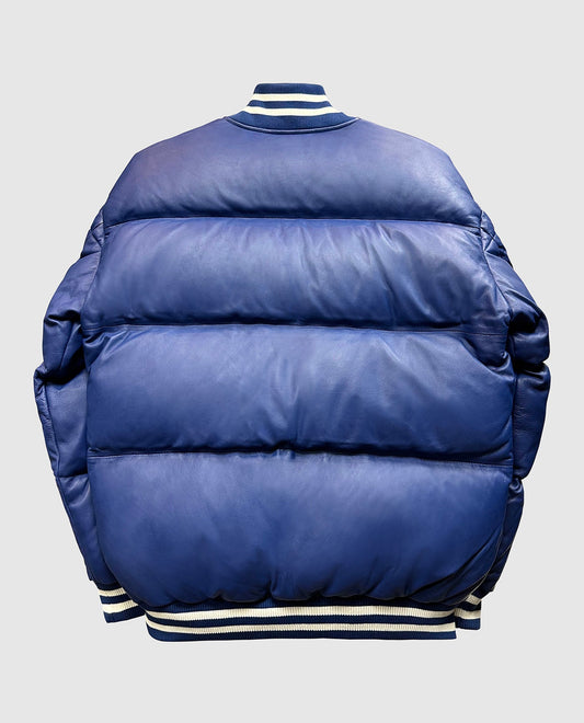 Back View of Starter Blue New York Giants Bronx Bubble Starter Leather Puffer Jacket | STR NEW YORK GIANTS BLUE
