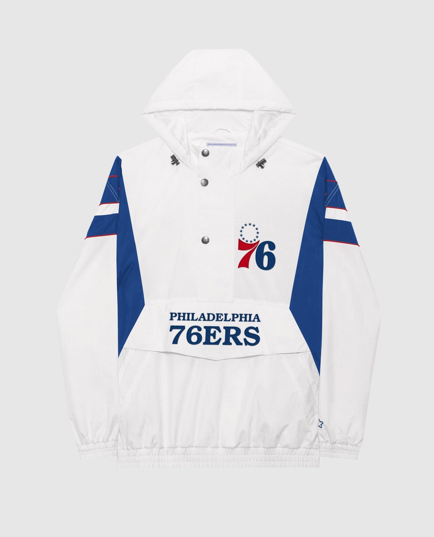 Front View of Starter White Philadelphia 76Ers Home Team Half-Zip Starter Jacket | STR PHILADELPHIA 76ERS WHITE