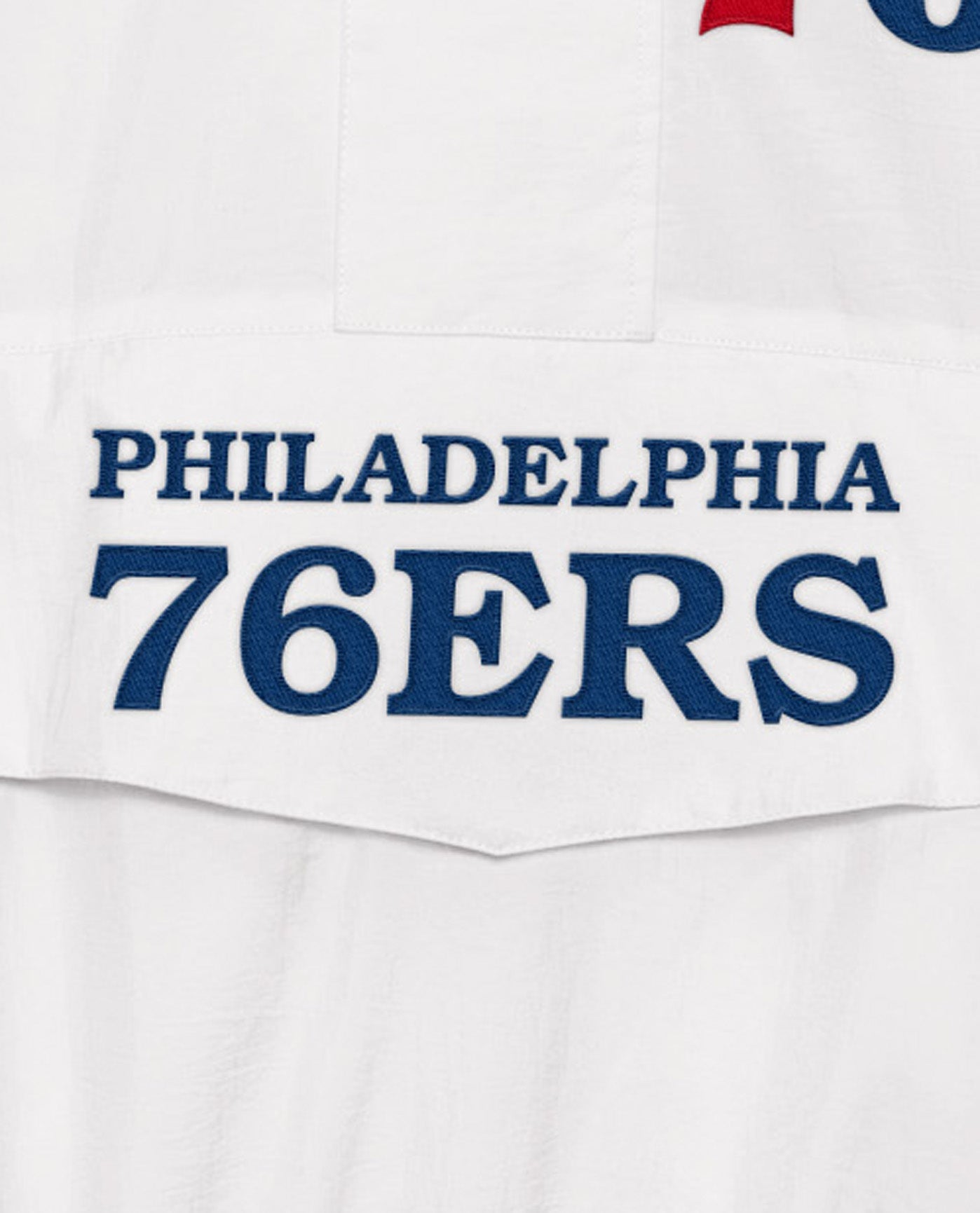 Side View of Starter White Philadelphia 76Ers Home Team Half-Zip Starter Jacket | STR PHILADELPHIA 76ERS WHITE