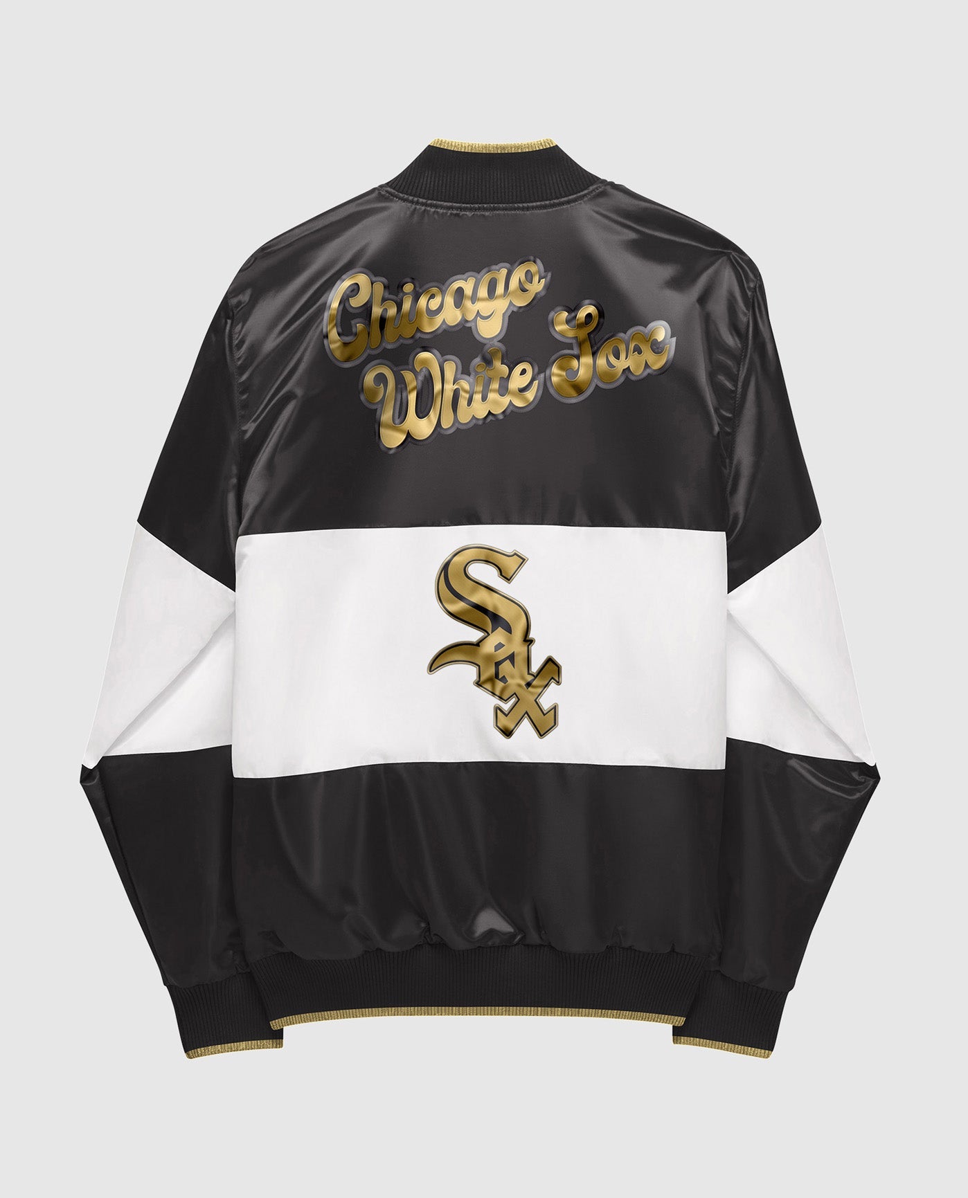 Back View of Starter Black Ty Mopkins Chicago White Sox Starter Satin Full-Snap Jacket | STR CHICAGO WHITE SOX BLACK