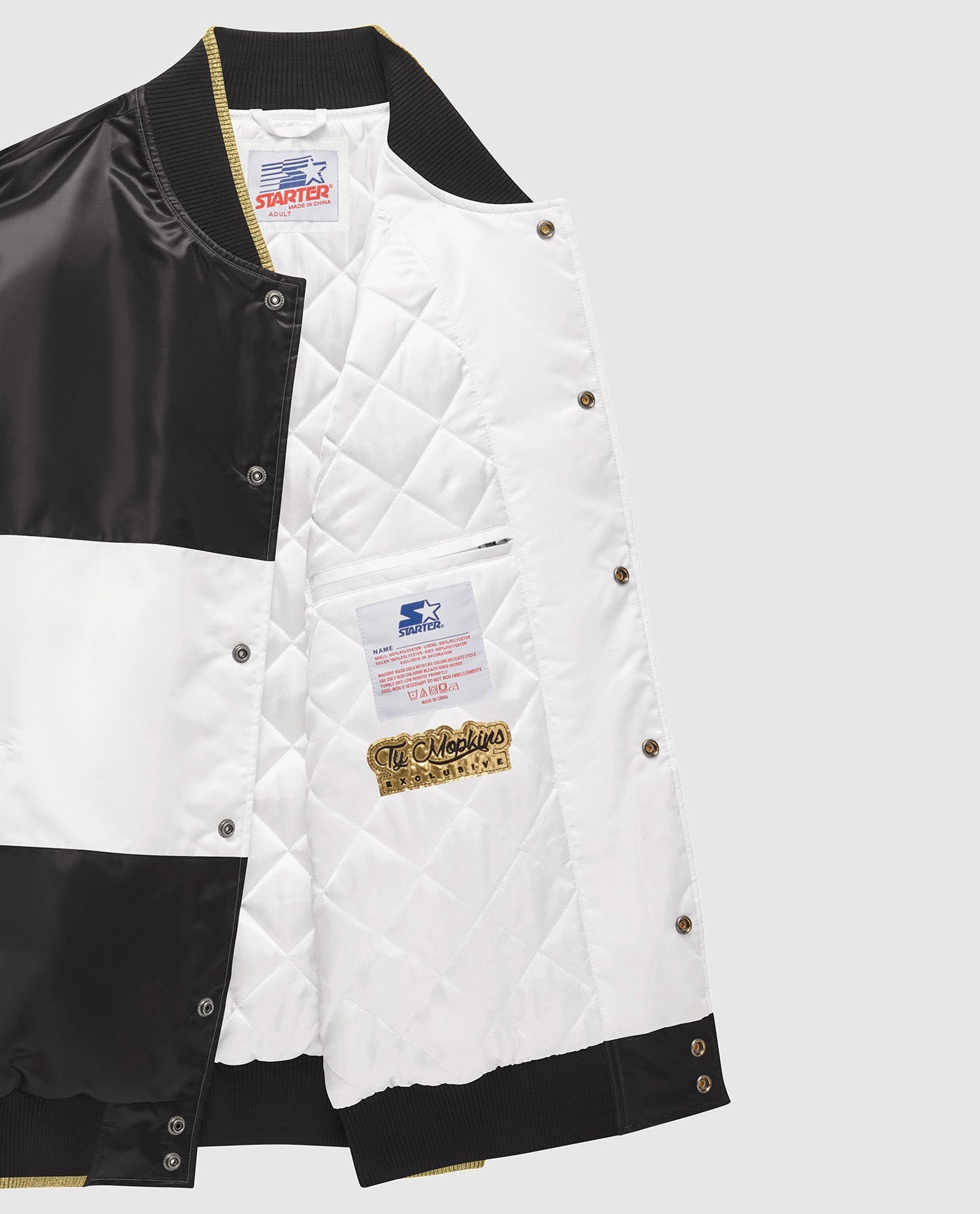 Side View of Starter Black Ty Mopkins Chicago White Sox Starter Satin Full-Snap Jacket | STR CHICAGO WHITE SOX BLACK