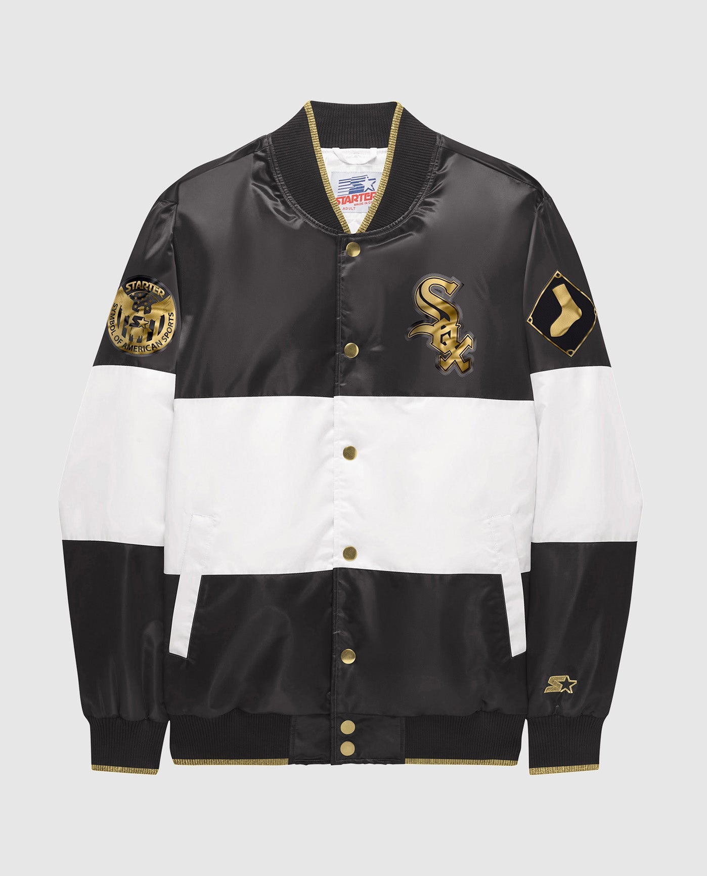 Front View of Starter Black Ty Mopkins Chicago White Sox Starter Satin Full-Snap Jacket | STR CHICAGO WHITE SOX BLACK