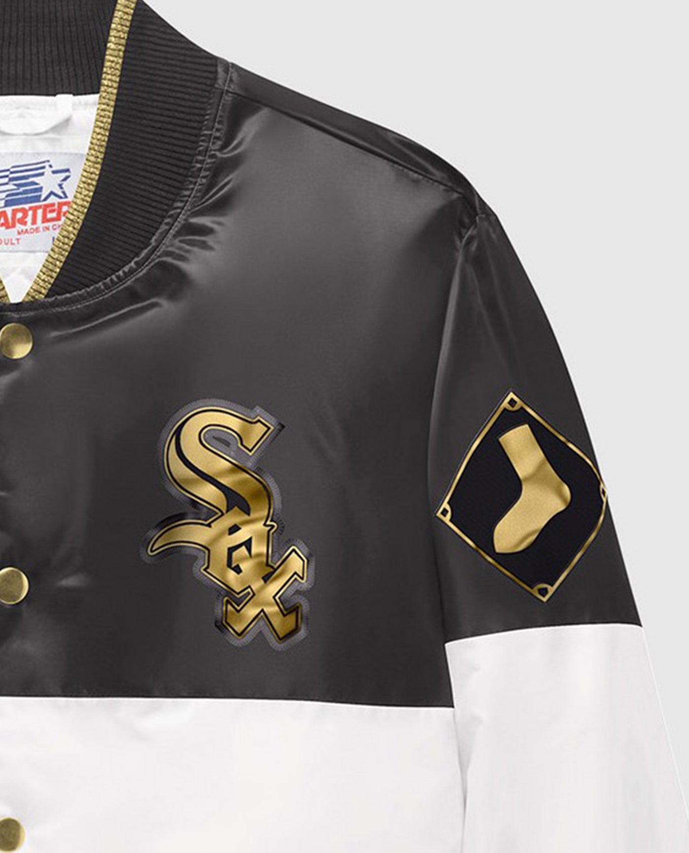 Sleeve Detail View of Starter Black Ty Mopkins Chicago White Sox Starter Satin Full-Snap Jacket | STR CHICAGO WHITE SOX BLACK