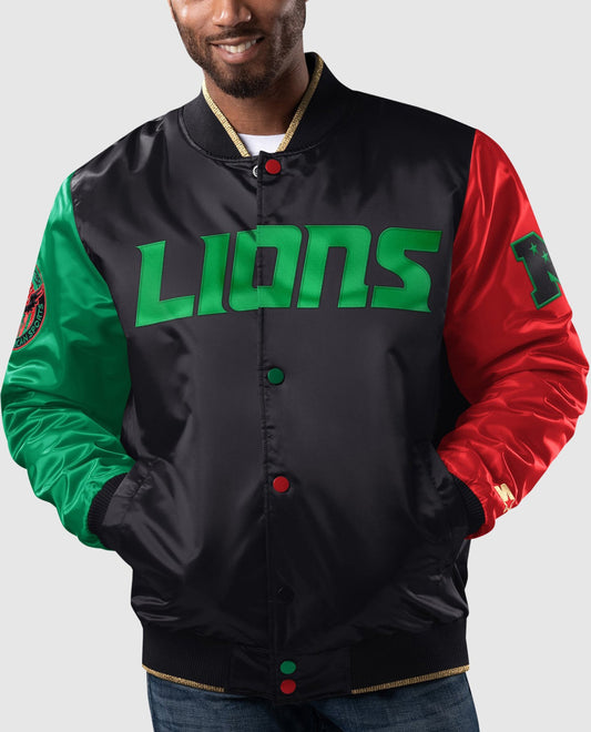 Front View of Starter Black Detroit Lions Black History Month Quilted Lining Starter Satin Full-Snap Jacket | STR DETROIT LIONS BLACK