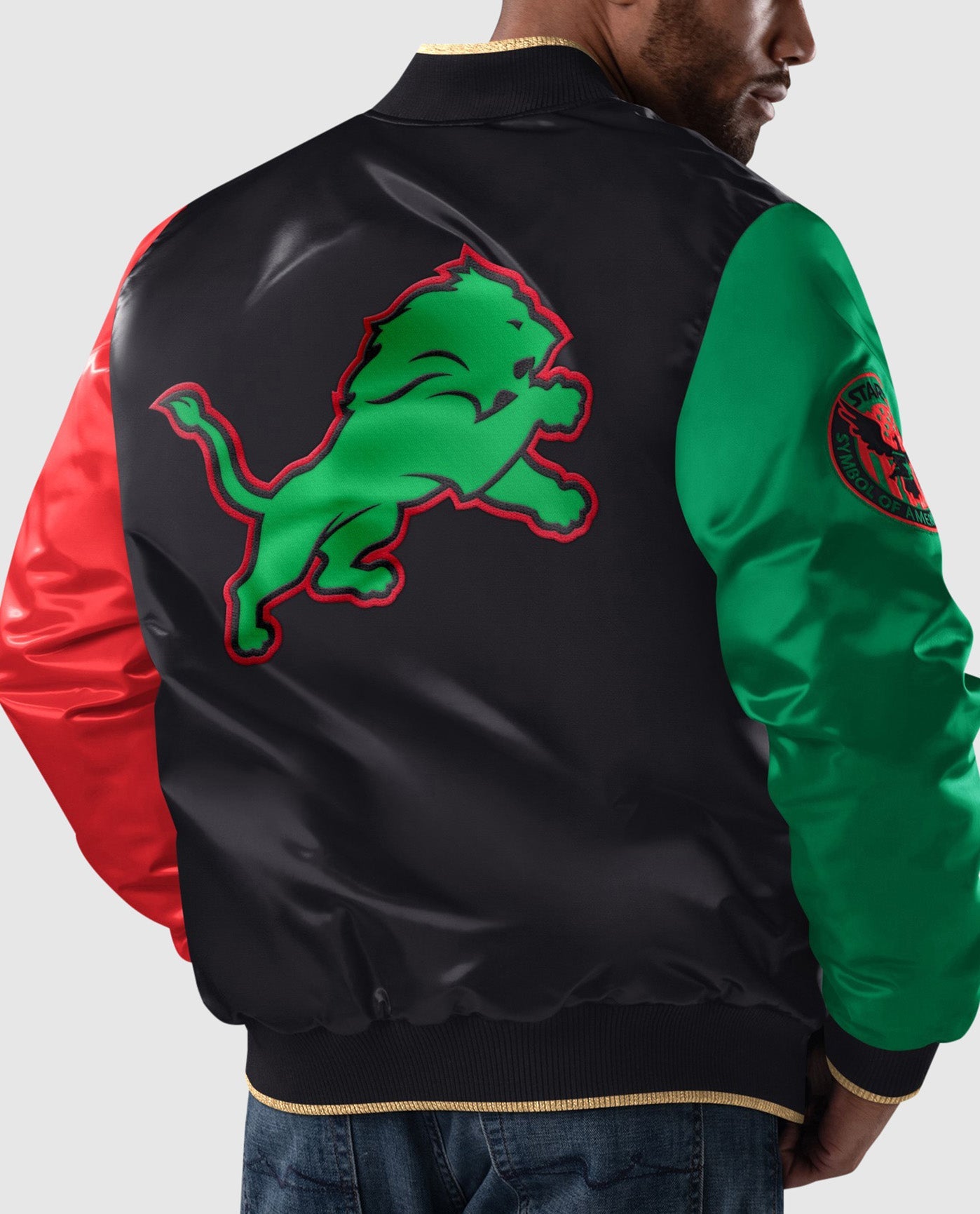 Back View of Starter Black Detroit Lions Black History Month Quilted Lining Starter Satin Full-Snap Jacket | STR DETROIT LIONS BLACK