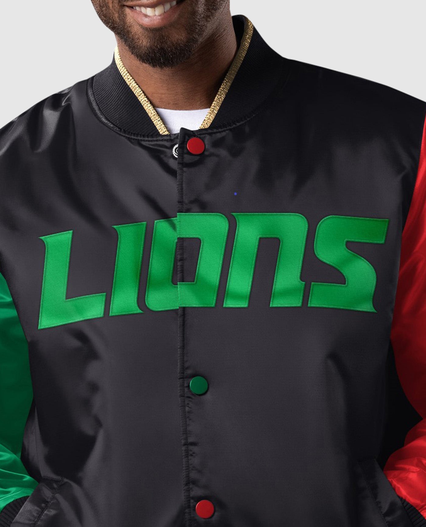 Detail View of Starter Black Detroit Lions Black History Month Quilted Lining Starter Satin Full-Snap Jacket | STR DETROIT LIONS BLACK