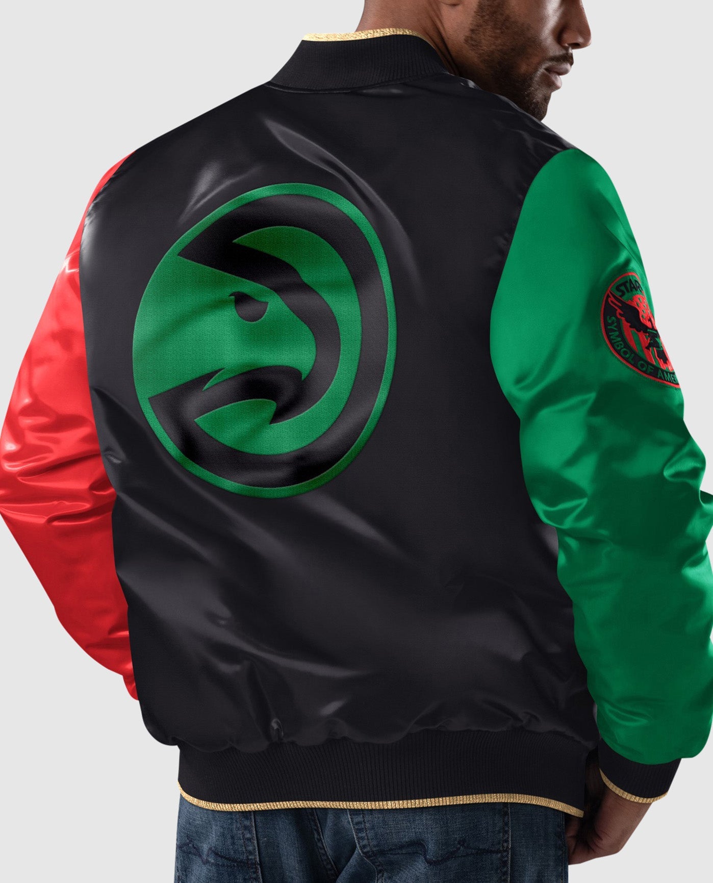 Back View of Starter Black Atlanta Hawks Black History Month Quilted Lining Starter Satin Full-Snap Jacket | STR ATLANTA HAWKS BLACK