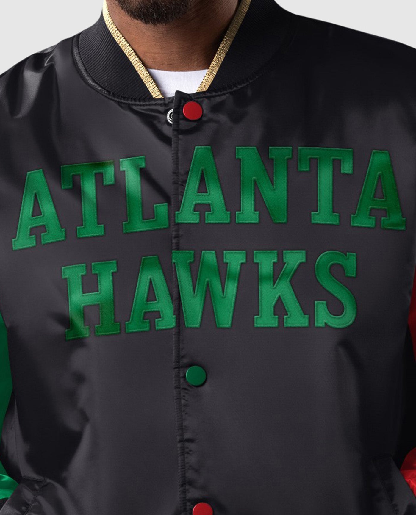 Detail View of Starter Black Atlanta Hawks Black History Month Quilted Lining Starter Satin Full-Snap Jacket | STR ATLANTA HAWKS BLACK