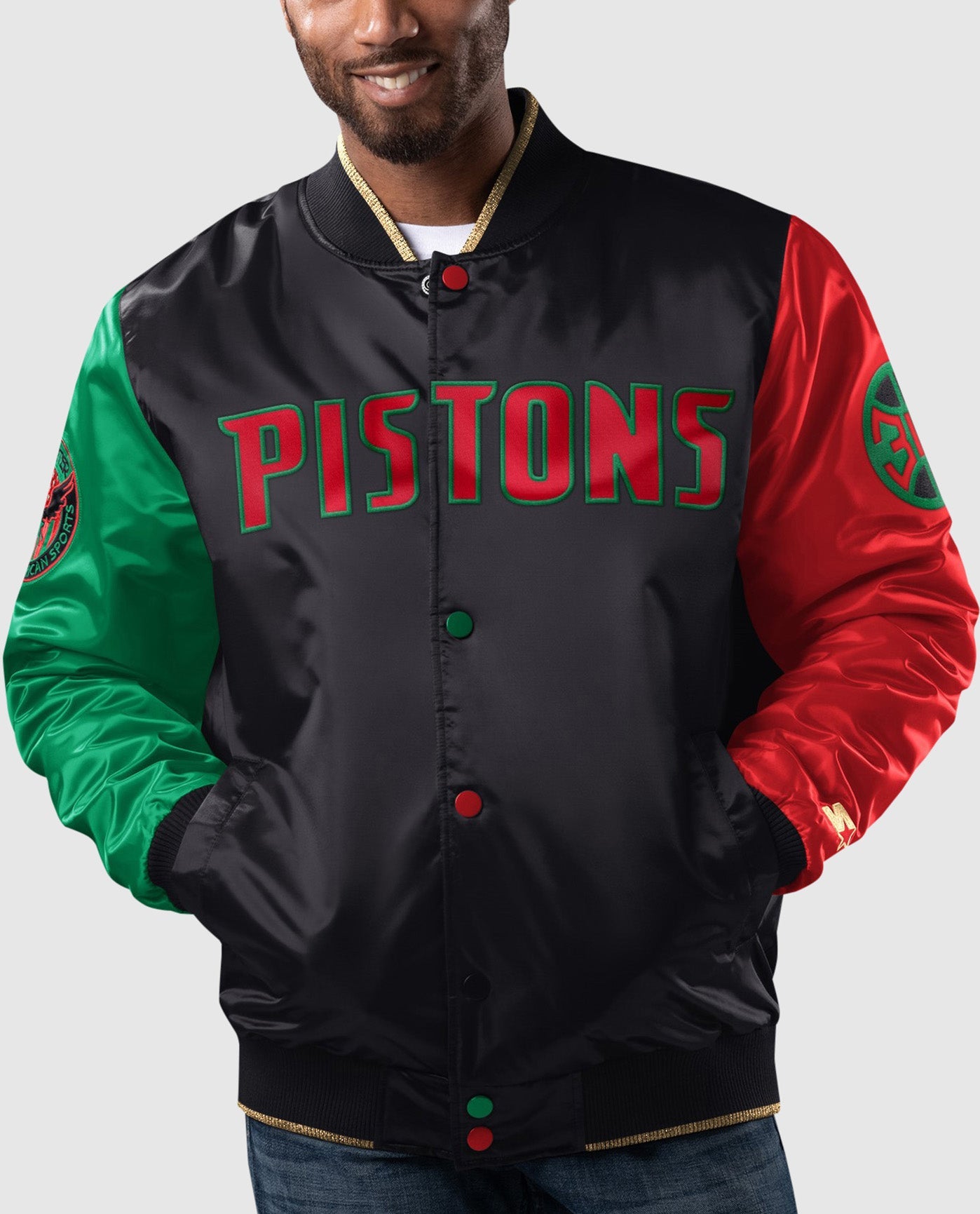 Front View of Starter Black Detroit Pistons Black History Month Quilted Lining Starter Satin Full-Snap Jacket | STR DETROIT PISTONS BLACK