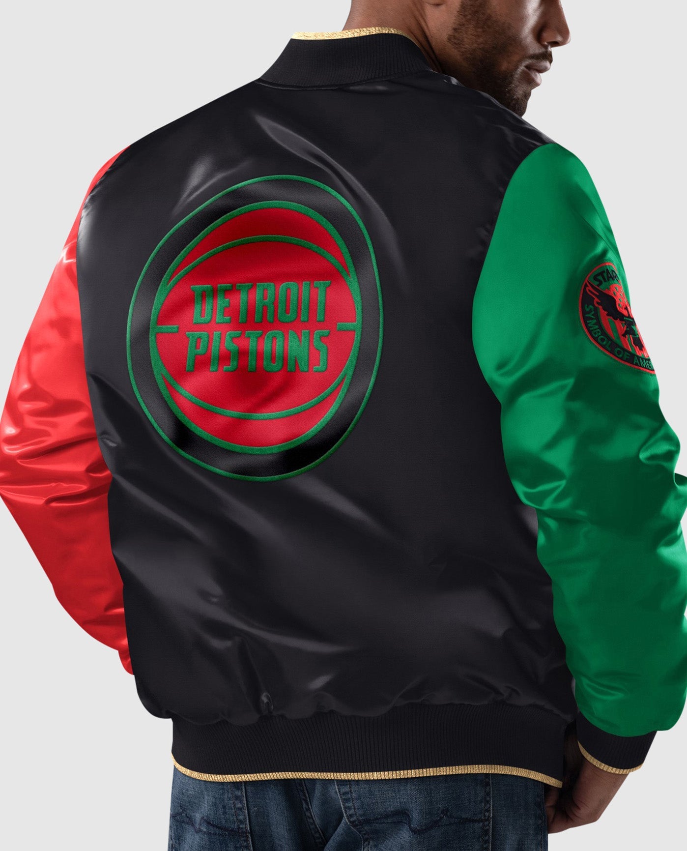 Back View of Starter Black Detroit Pistons Black History Month Quilted Lining Starter Satin Full-Snap Jacket | STR DETROIT PISTONS BLACK