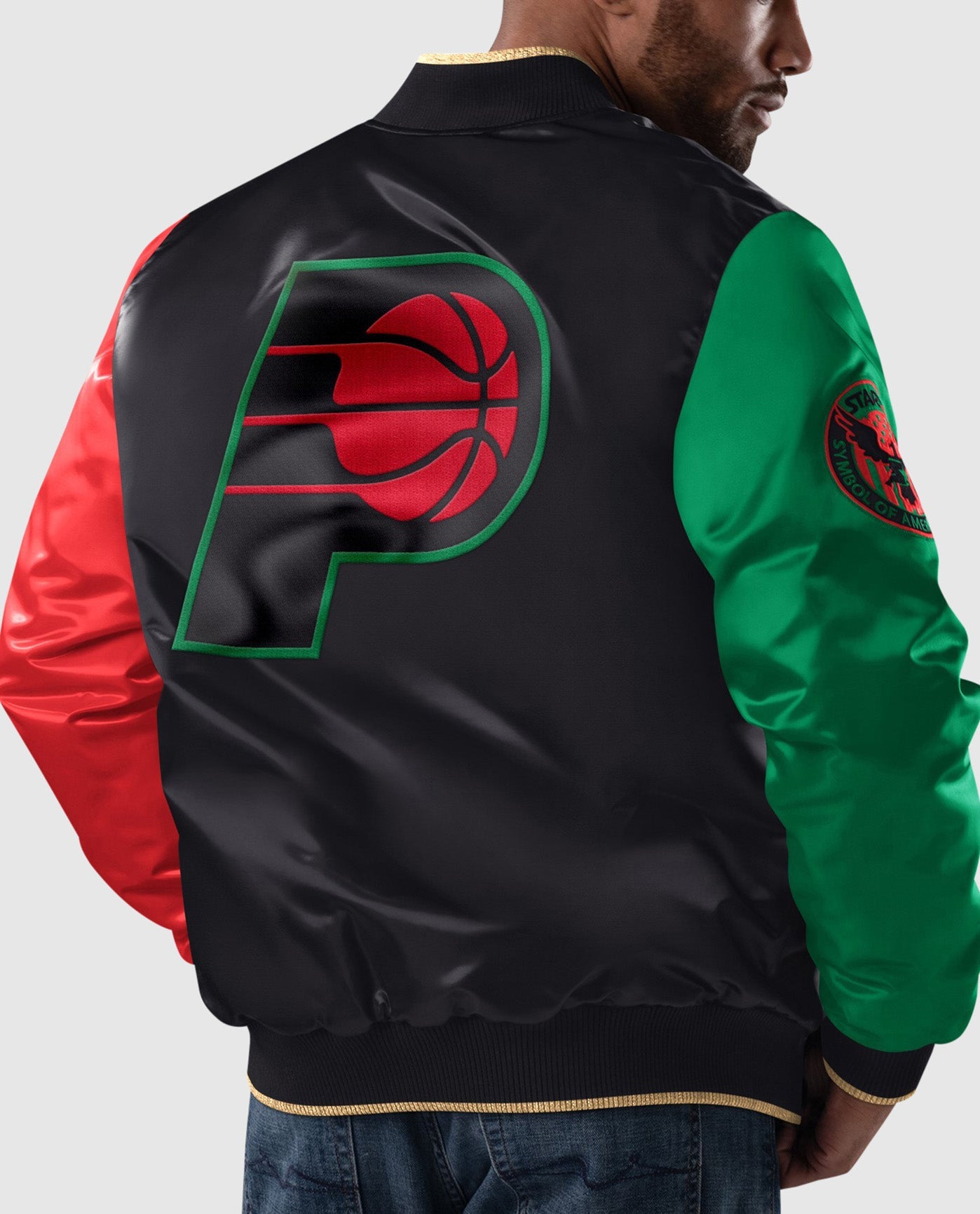 Back View of Starter Black Indiana Pacers Black History Month Quilted Lining Starter Satin Full-Snap Jacket | STR INDIANA PACERS BLACK