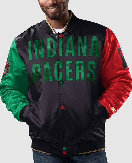 Front View of Starter Black Indiana Pacers Black History Month Quilted Lining Starter Satin Full-Snap Jacket | STR INDIANA PACERS BLACK