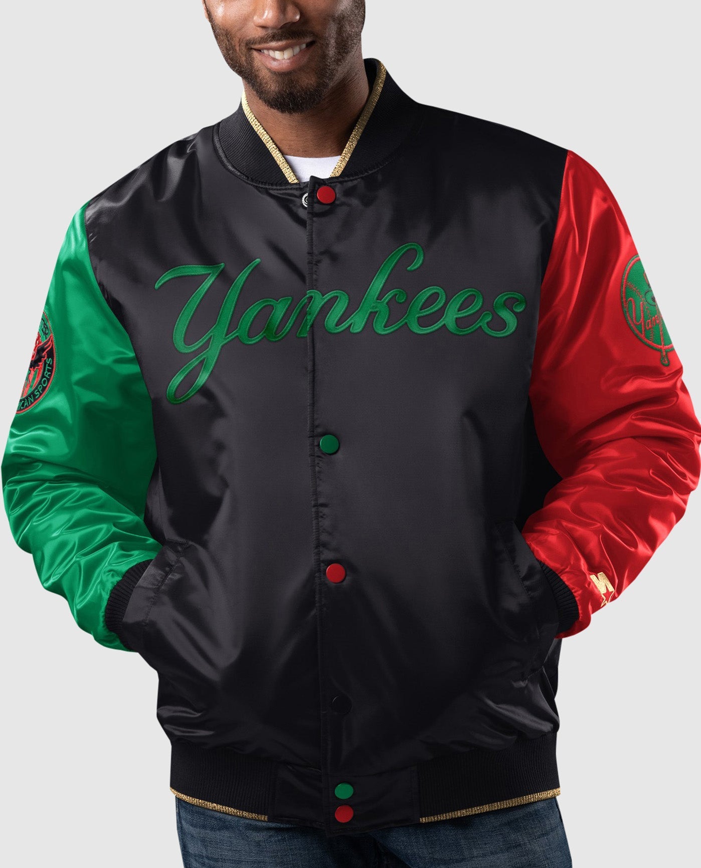 Front View of Starter Black New York Yankees Black History Month Quilted Lining Starter Satin Full-Snap Jacket | STR NEW YORK YANKEES BLACK