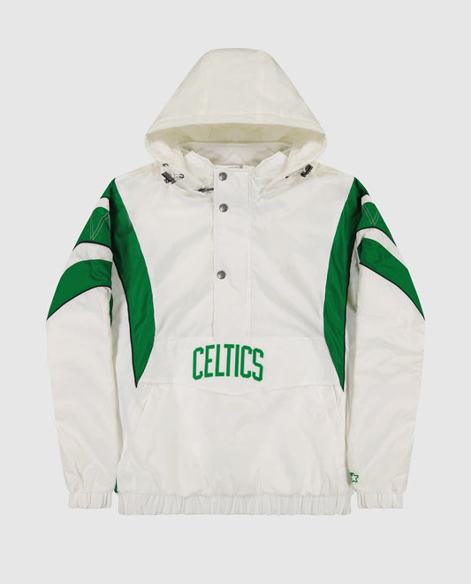 Front View of Starter White Boston Celtics Pullover Half-Zip Hooded Impact Starter Jacket | STR BOSTON CELTICS WHITE