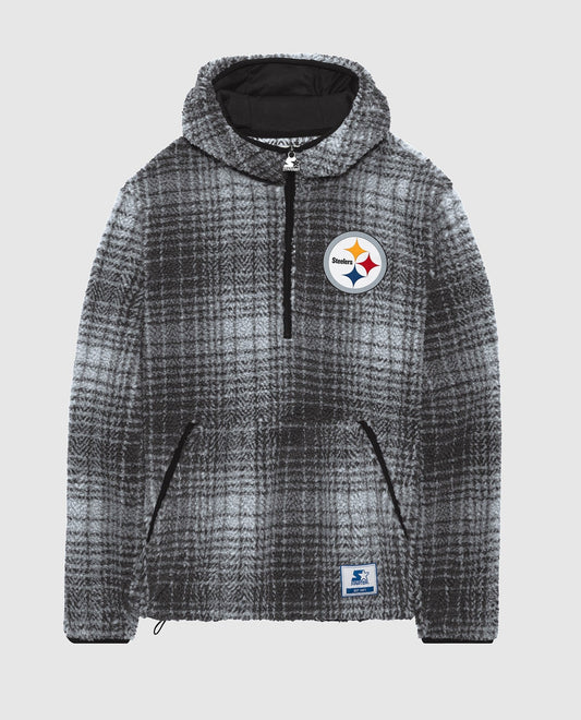 Front View of Starter Black Pittsburgh Steelers Gus Plaid Sherpa Starter Pullover Jacket | STR PITTSBURGH STEELERS BLACK